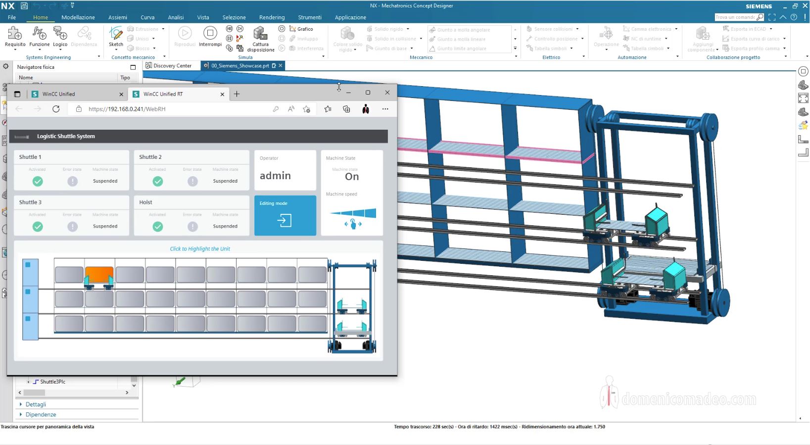 VIDEO Digital Twin di un sistema di trasporto a scaffali con F-TM  ServoDrive, NX-MCD e HMI Unified PC - Domenico Madeo