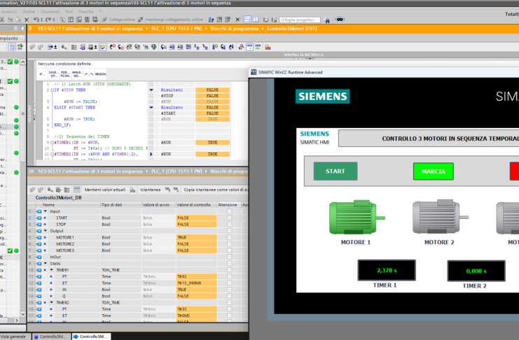 CORSO SCL11 Controllo 3 motori in sequenza temporale con priorità a stop Tia Portal V21 con HMI CORSO SCL11 Controllo 3 motori in sequenza temporale con priorità a stop Tia Portal V21 con HMI
