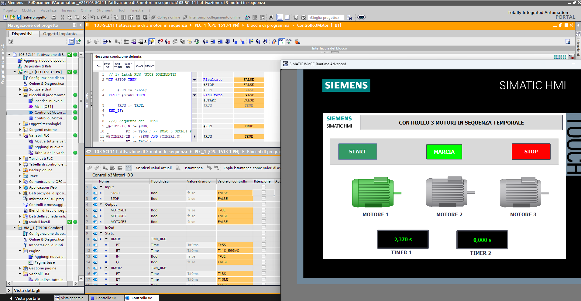 CORSO SCL11 Controllo 3 motori in sequenza temporale con priorità a stop Tia Portal V21 con HMI