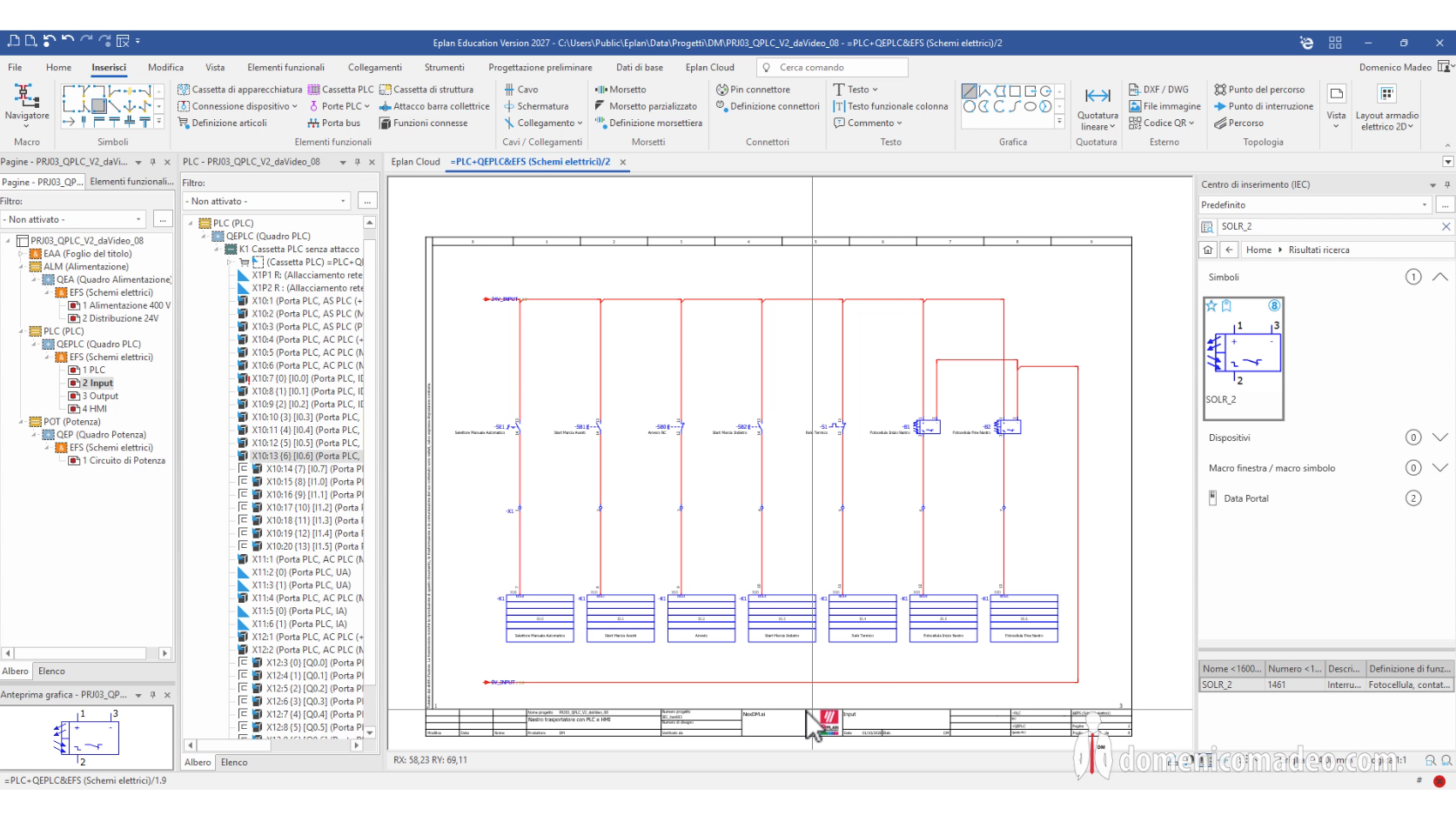 EPLAN Education schema ingressi PLC nastro trasportatore